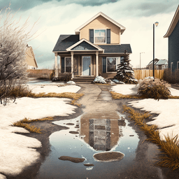 House with melting snow and puddles