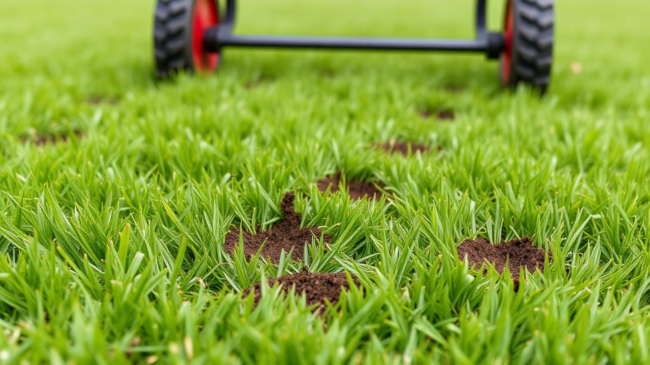 Core aeration plugs visible on a green lawn with aerator machine in background