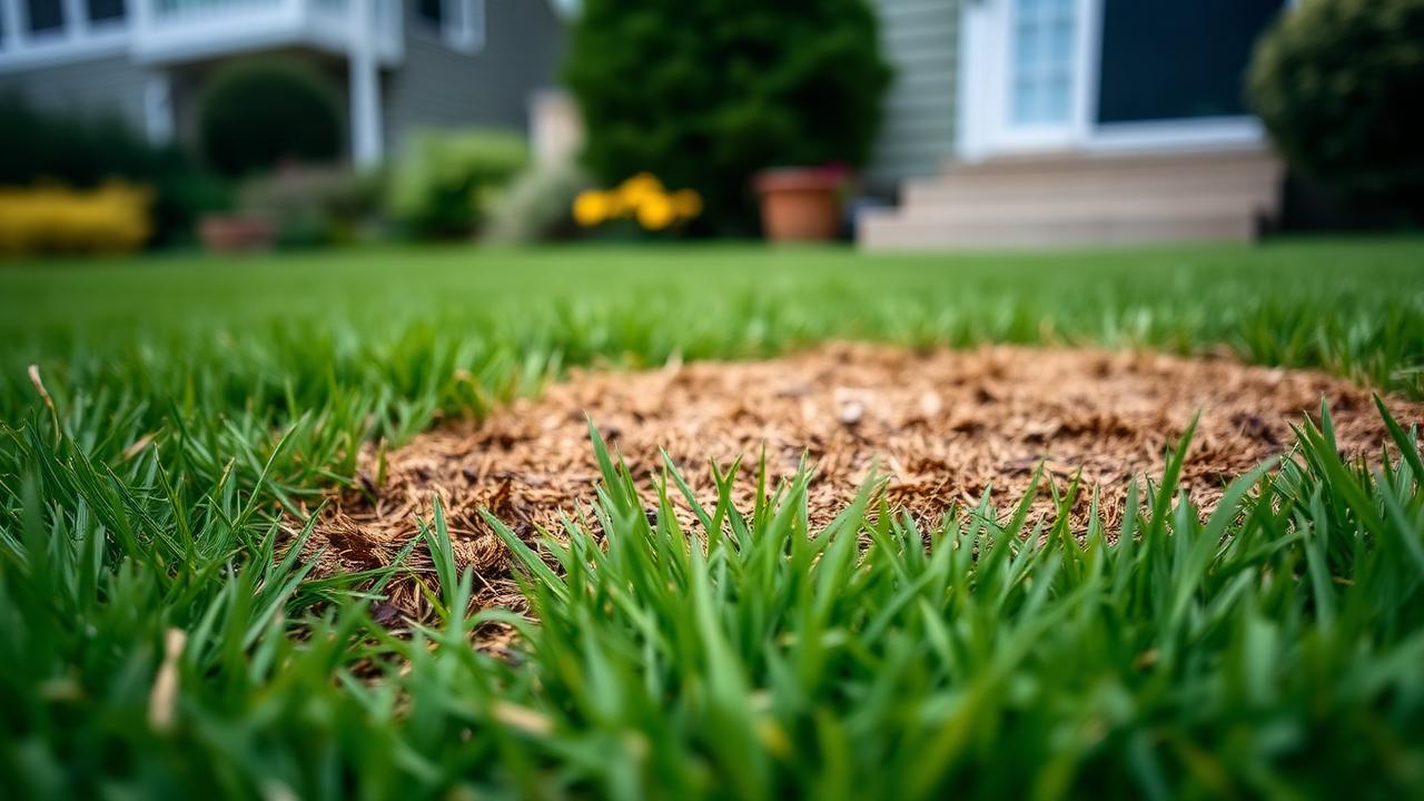 Close-up of a dead brown patch in a green lawn