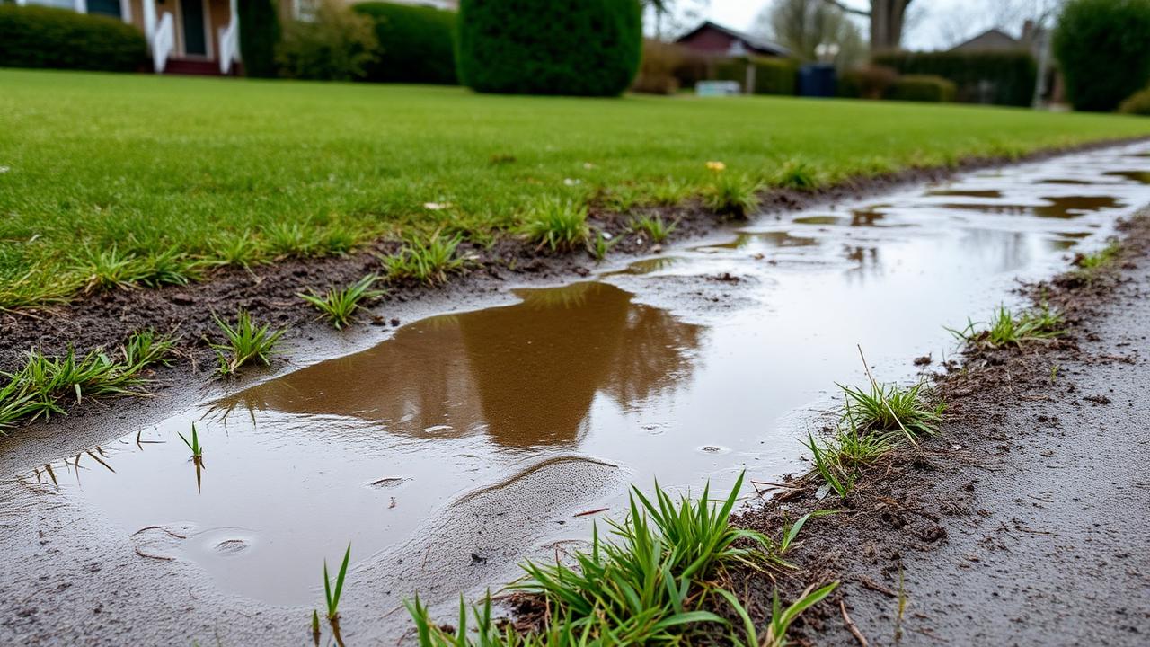 Standing water puddle on a residential lawn