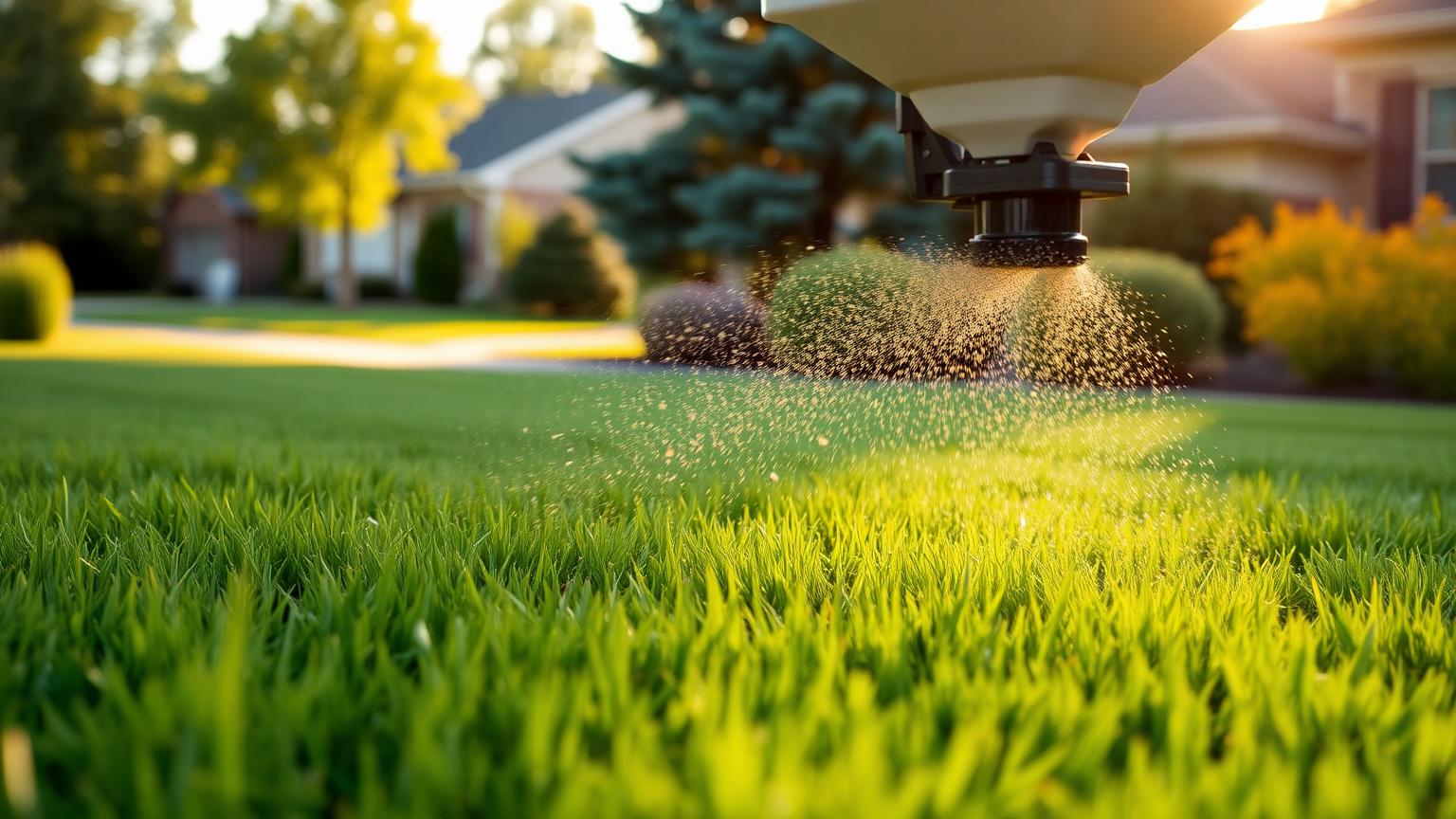 Professional lawn fertilization service applying granular fertilizer to a thick green lawn in Sioux Falls