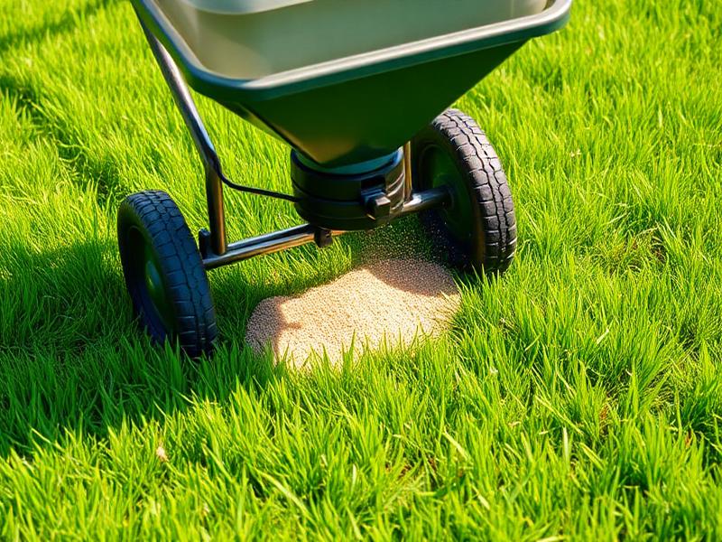 Lawn fertilization treatment being applied to green grass