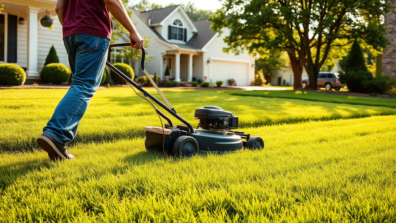 Homeowner mowing a lawn in Sioux Falls