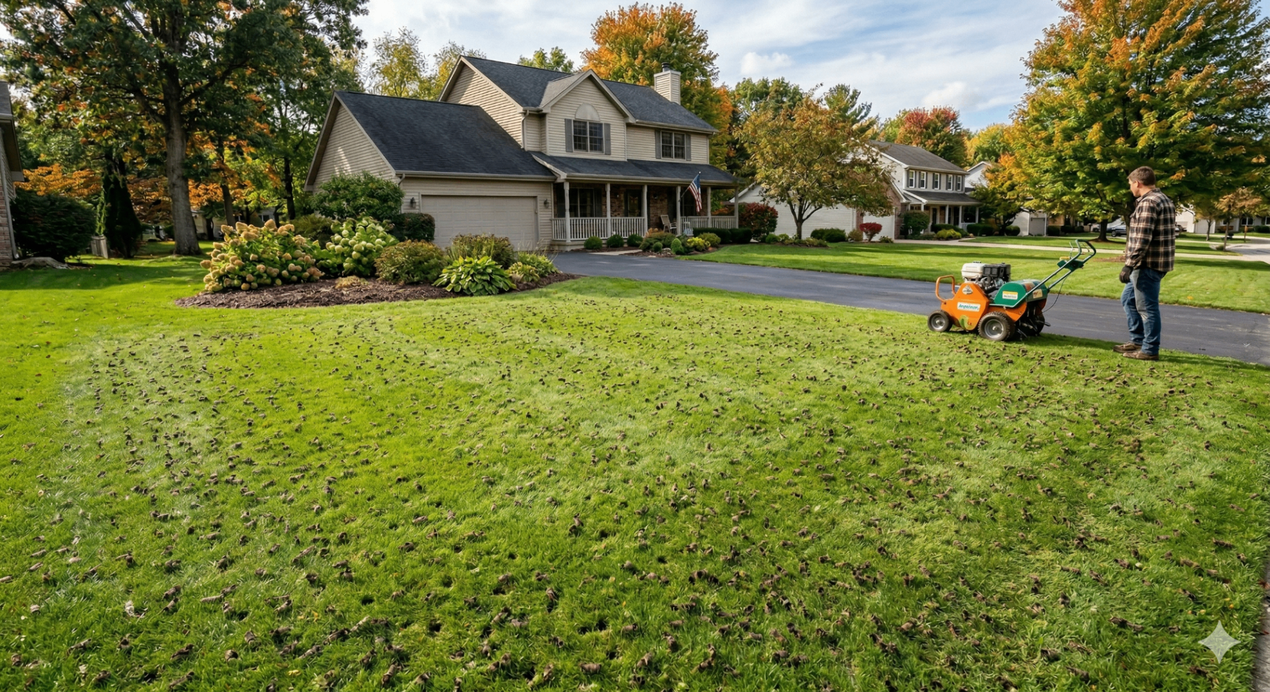 Core aeration plugs across a residential lawn