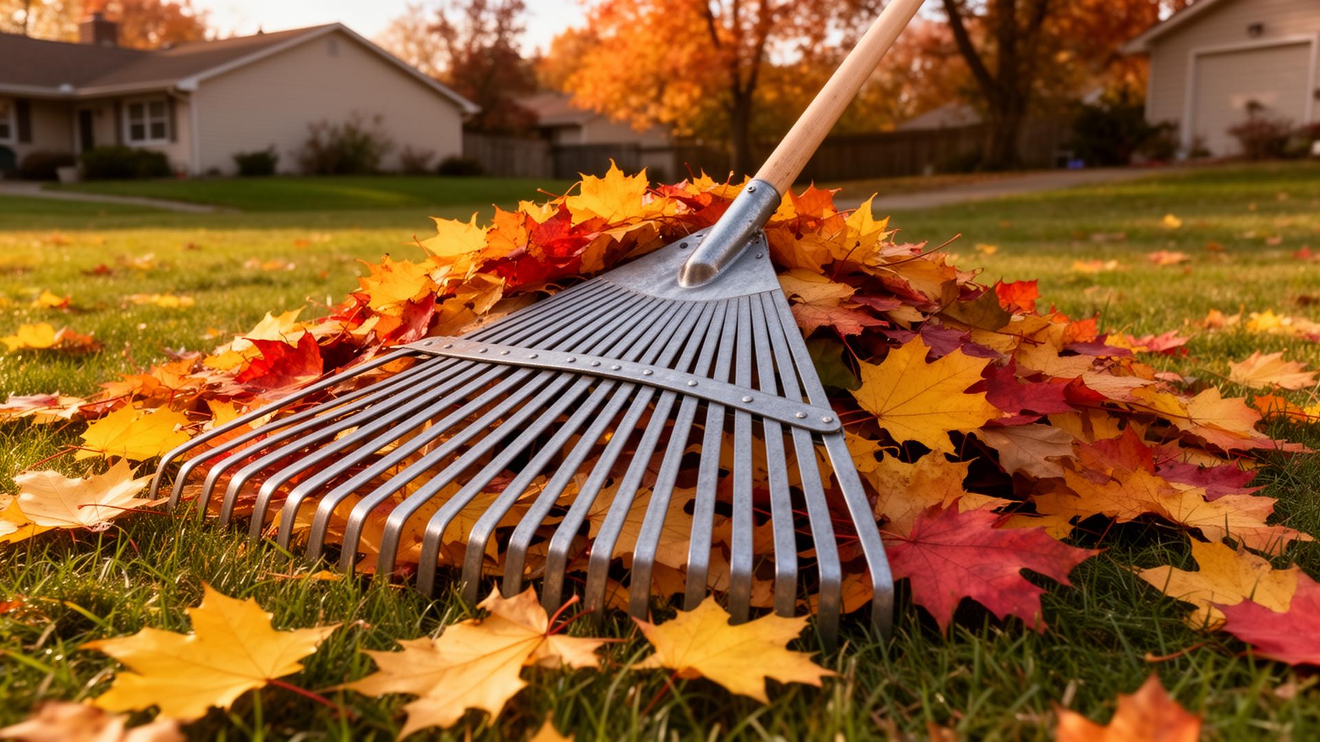 Leaves being removed from a lawn in fall