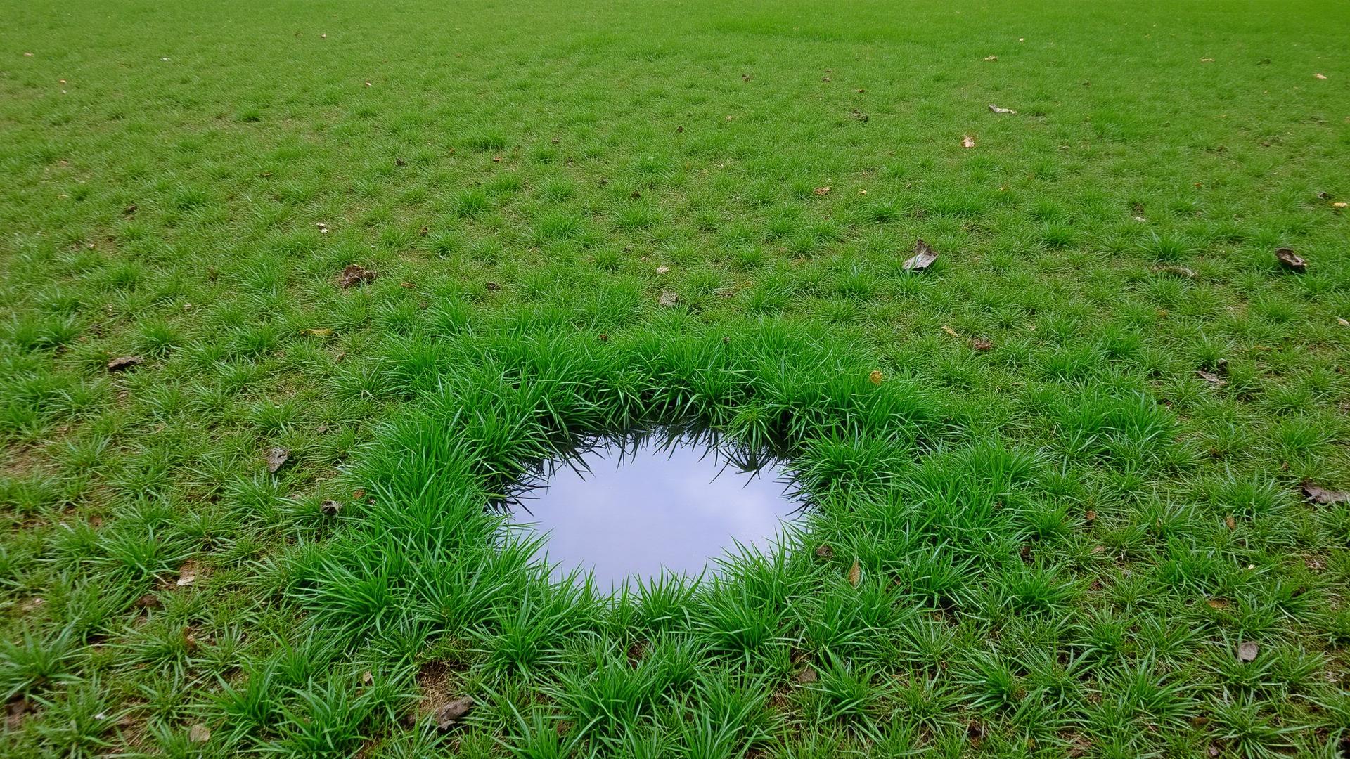 Standing water in a low lawn area after rain