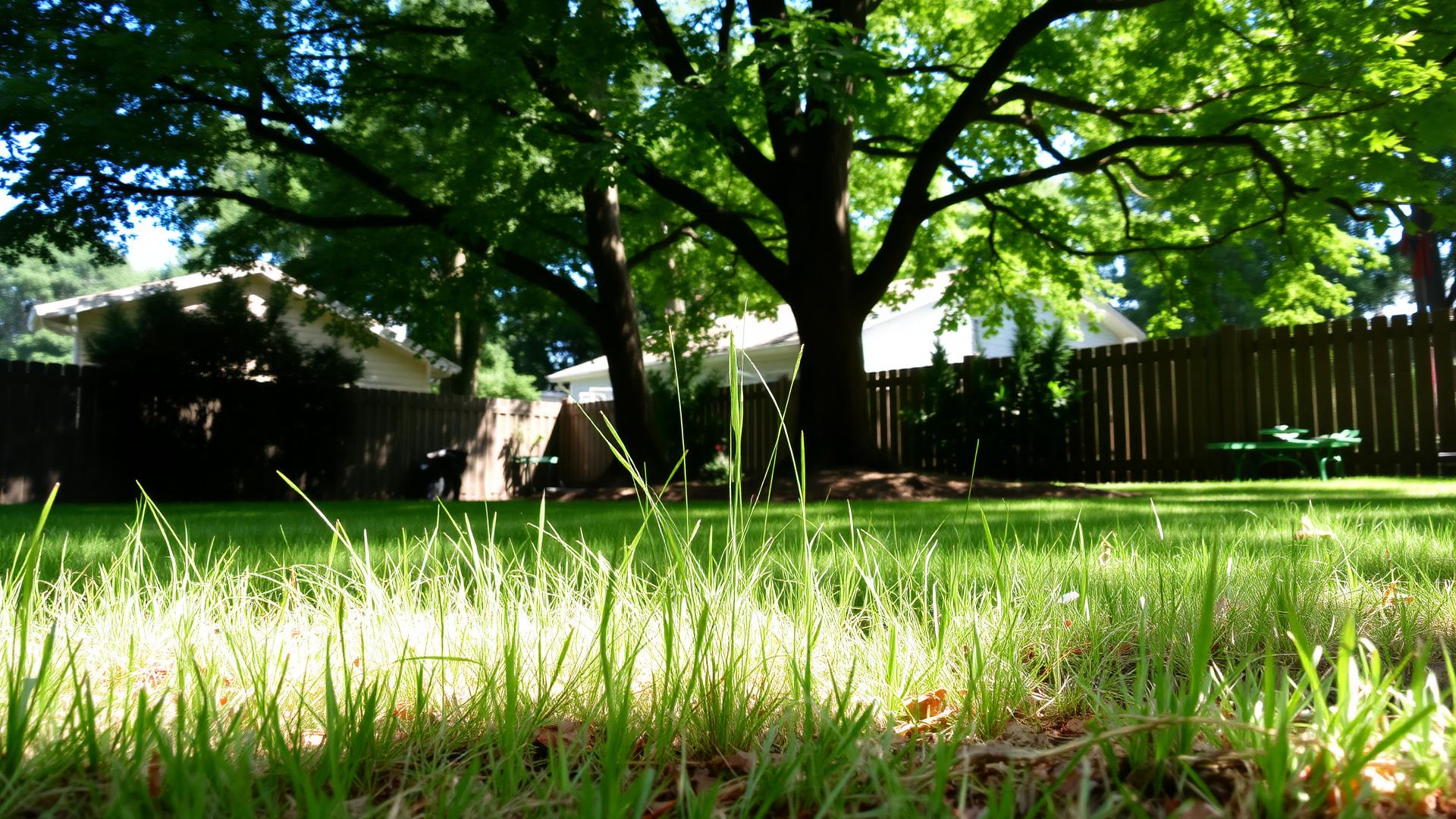 Thin grass growing under shaded trees