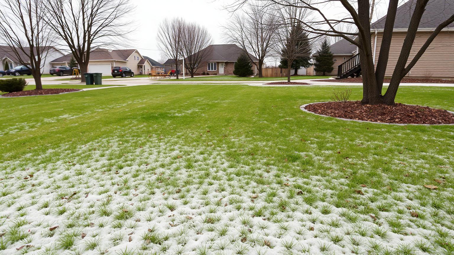Spring lawn in Sioux Falls with patches left by winter