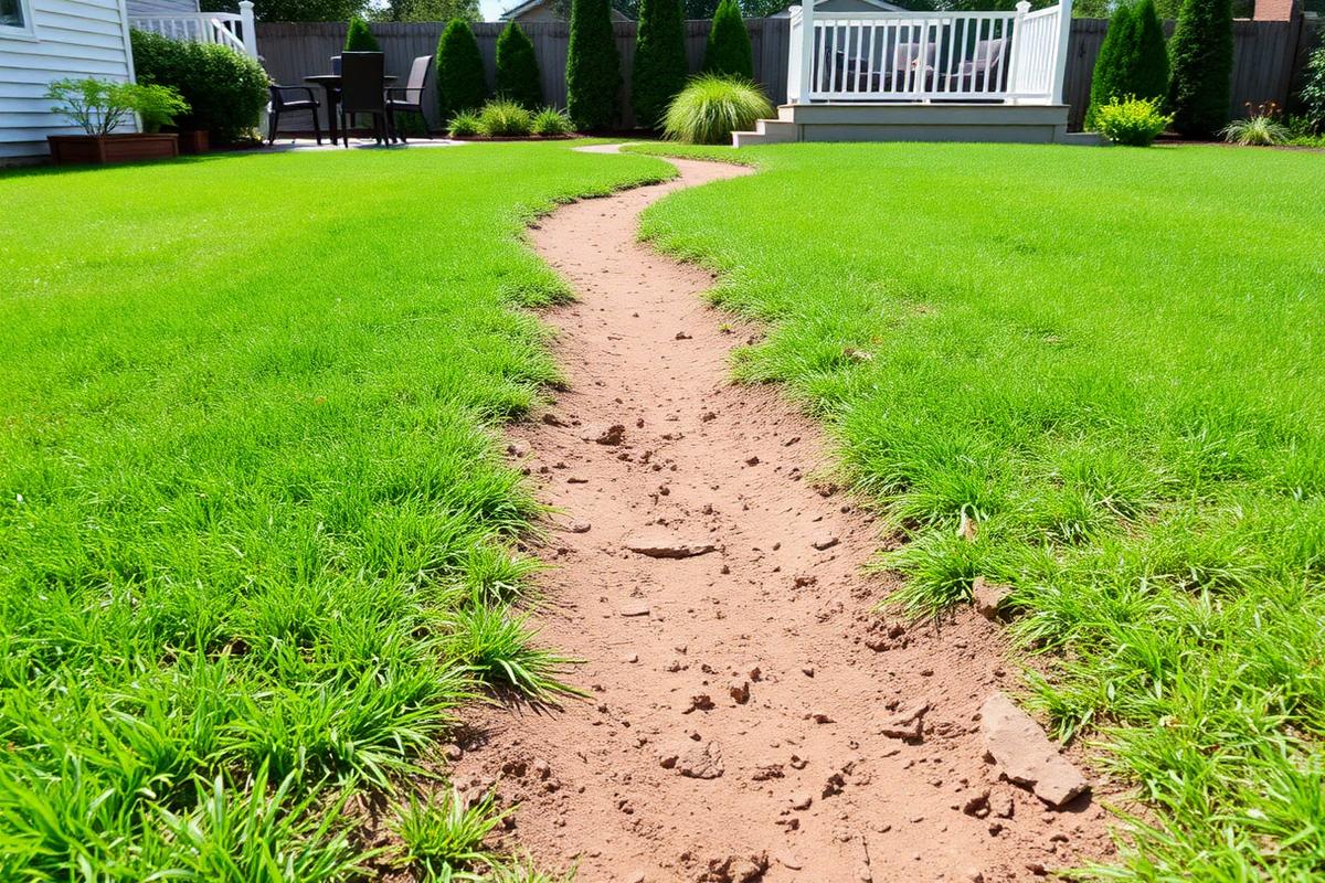 Worn path through a backyard lawn from summer foot traffic
