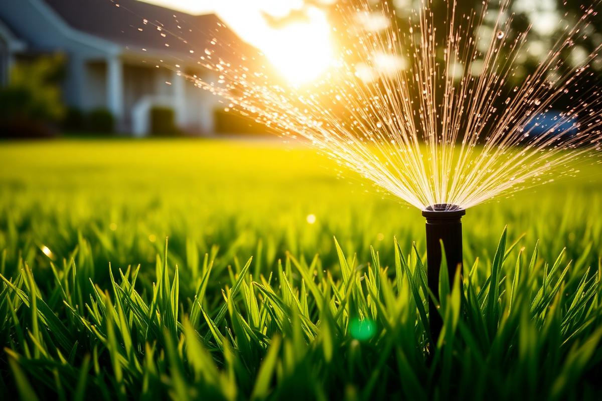 Lawn sprinkler watering grass in the early morning