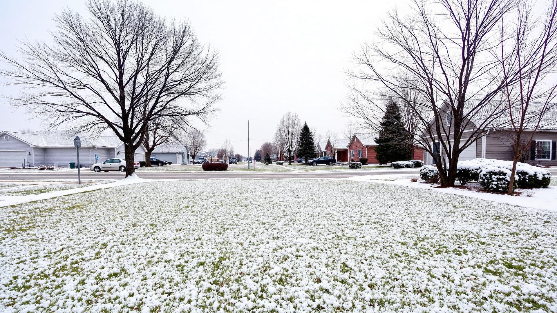 Snow-covered residential lawn in Sioux Falls during winter