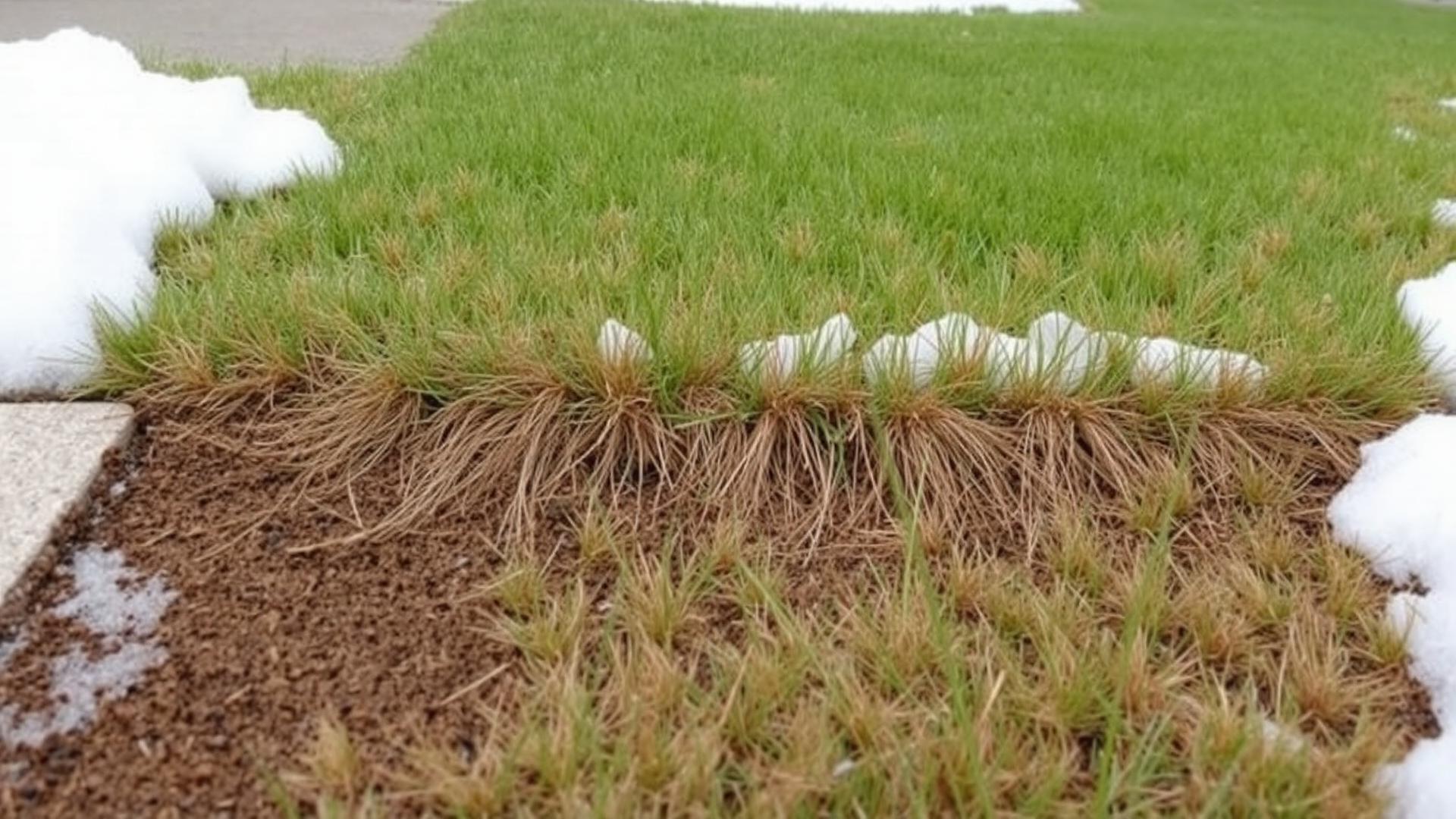 Winter salt damage on grass near a sidewalk