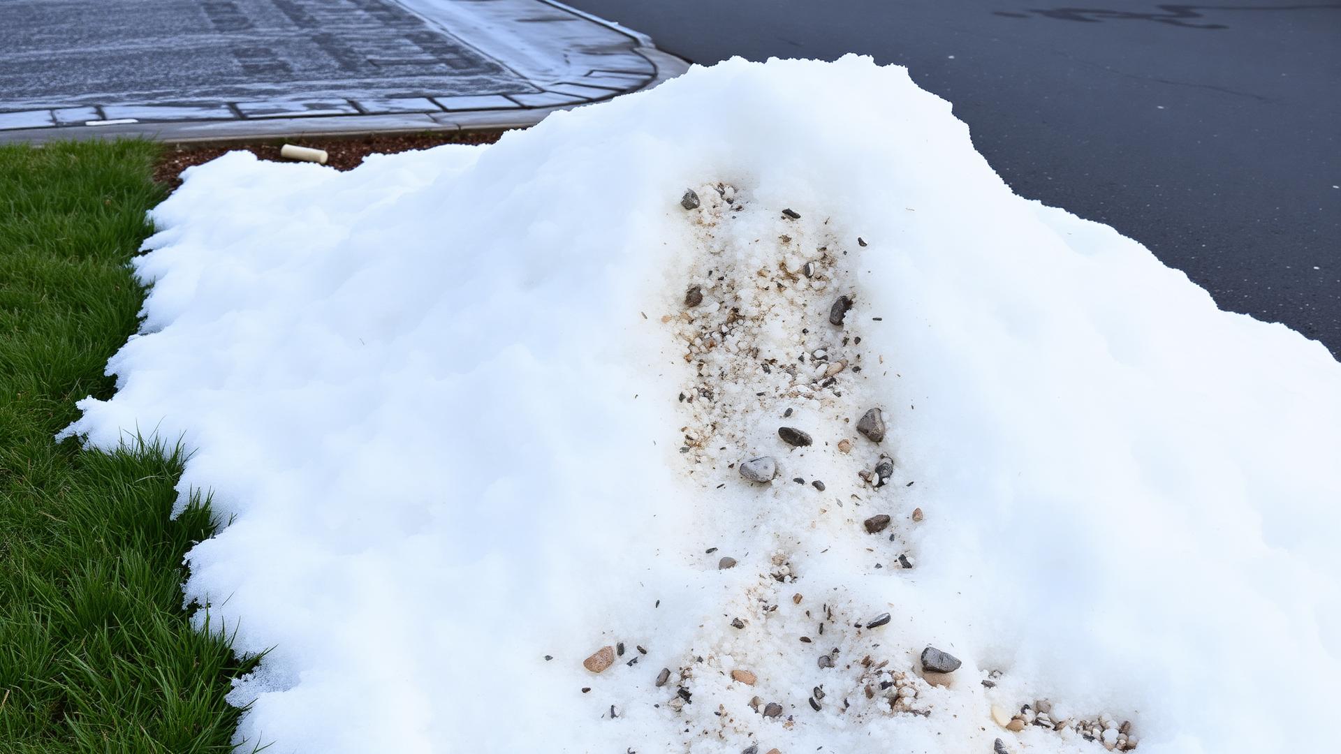 Snow piled along a driveway next to grass