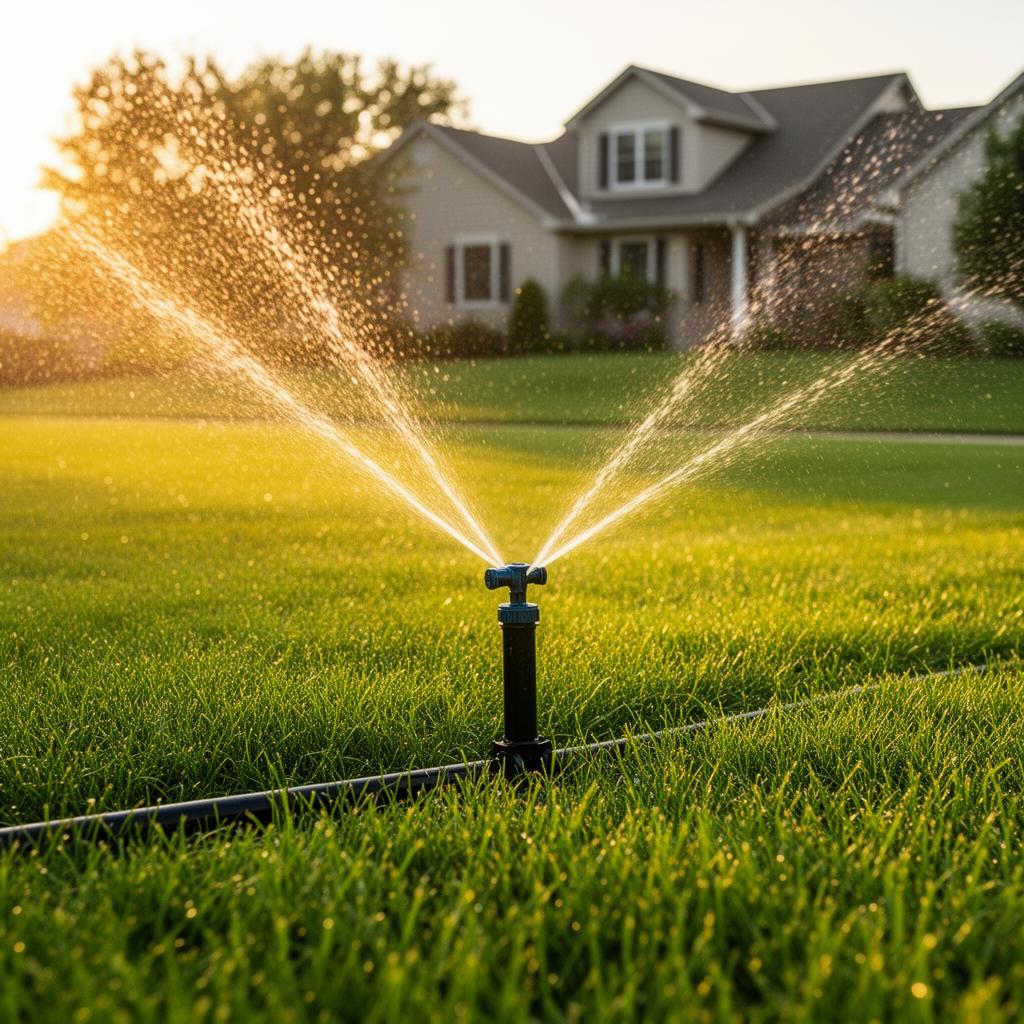 Irrigation sprinkler head watering a lush green lawn at golden hour in a Sioux Falls residential neighborhood