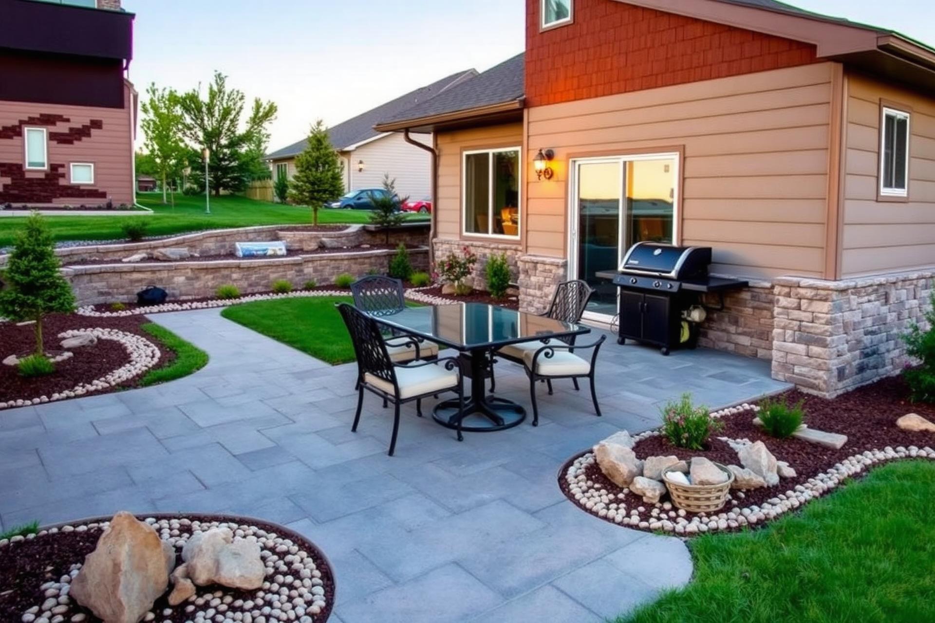 A clean paver patio with outdoor furniture, rock beds, and a low retaining wall in a Sioux Falls backyard