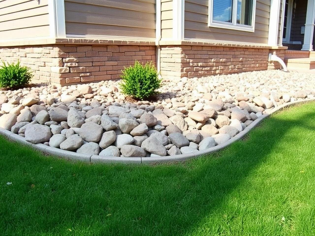 Clean decorative rock bed with sharp edged border against a residential home