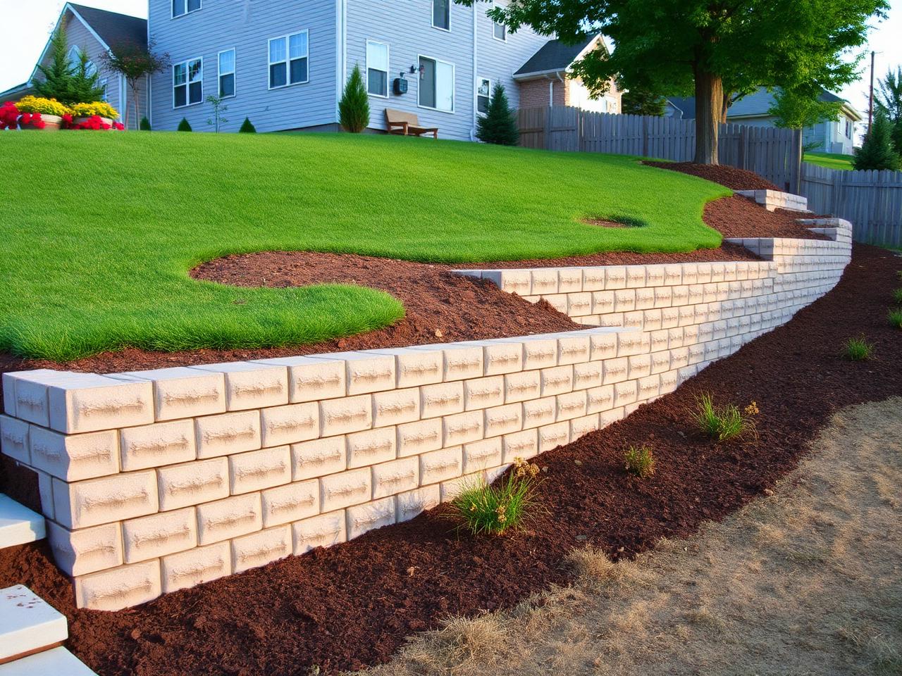 Neatly stacked block retaining wall on a sloped residential yard