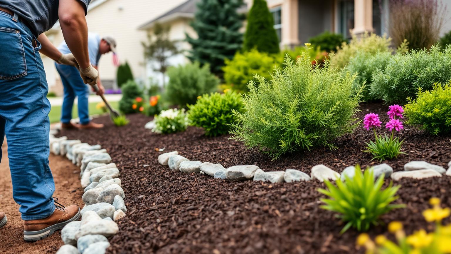 Professional landscaping crew installing decorative rock edging and plants at a Sioux Falls home