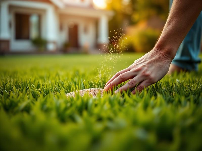 Professional fertilizer application on a healthy green lawn