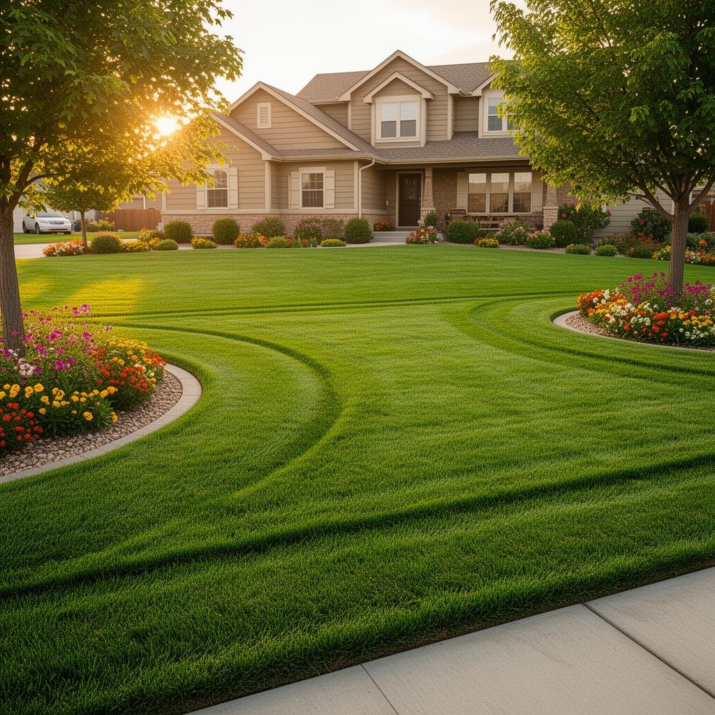 Perfectly maintained Sioux Falls residential lawn at golden hour