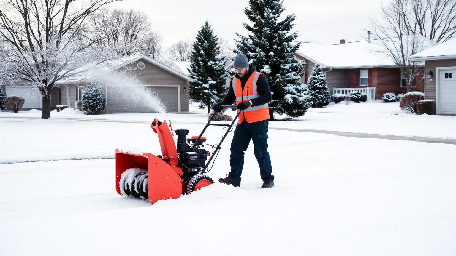 Professional snow removal crew clearing a residential driveway with a commercial snow blower in a Sioux Falls neighborhood