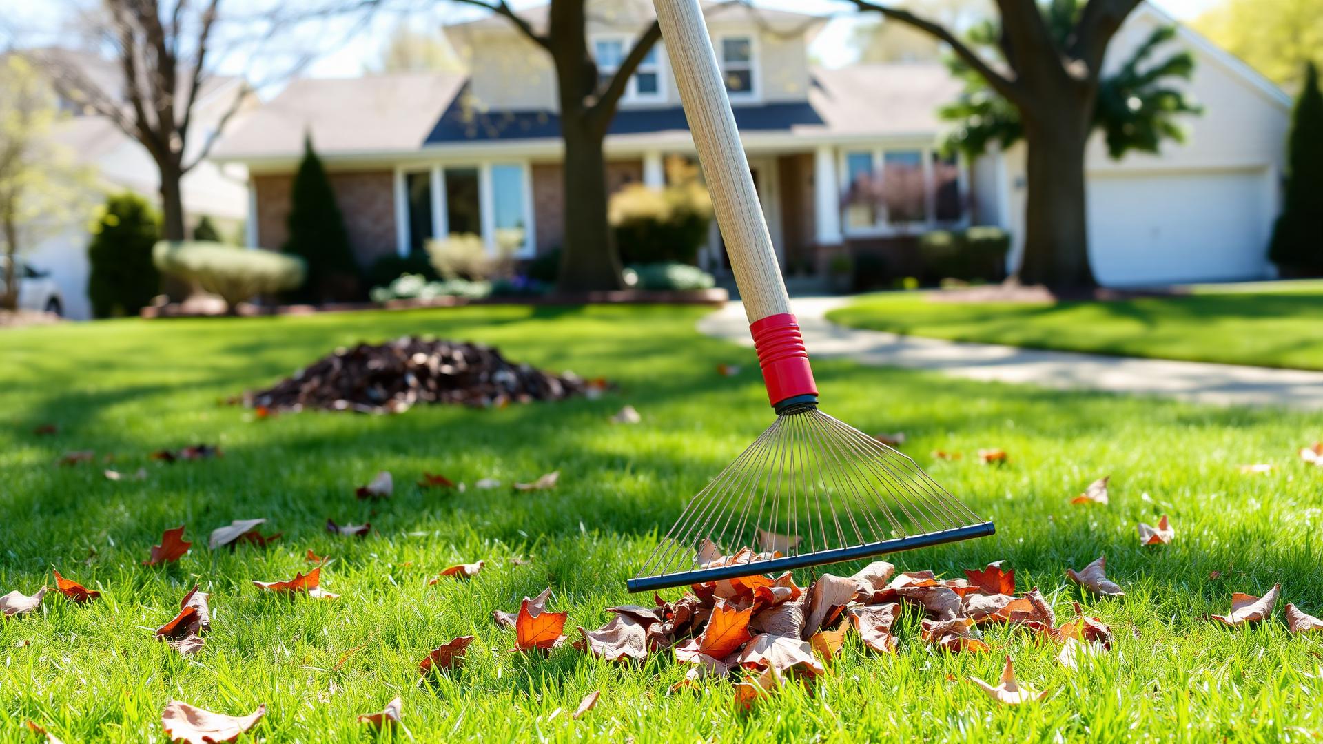Spring yard cleanup with rake and debris in Sioux Falls